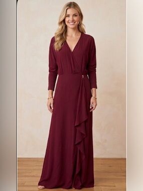 House of Dagmar  Burgundy Asymmetrical Silk Whimsical Wrap Maxi Dress